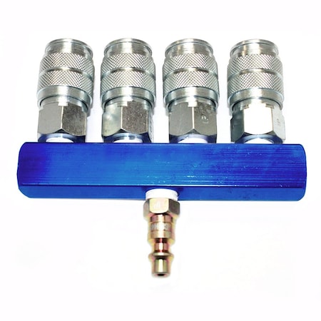 Interstate Pneumatics Alum Rectangular Manifold w/Four 1/4" Steel Universal Couplers & One 1/4" Steel Industrial Plug Kit FPM44S-KG4